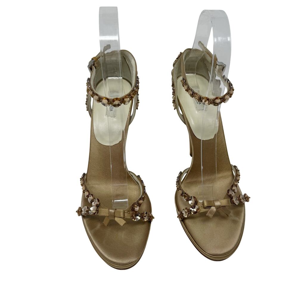 Prada Jeweled Satin Ankle Strap Heels Gold Bow Embellished Sandals 37 - Picture 2 of 10